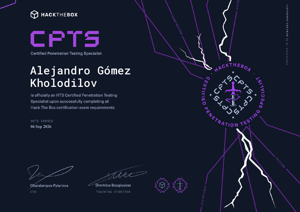 HTB Certified Penetration Testing Specialist certificate awarded to Alejandro Gómez Kholodilov